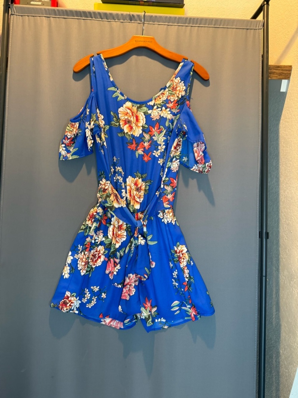 Royal Blue Floral Cold-Shoulder Romper